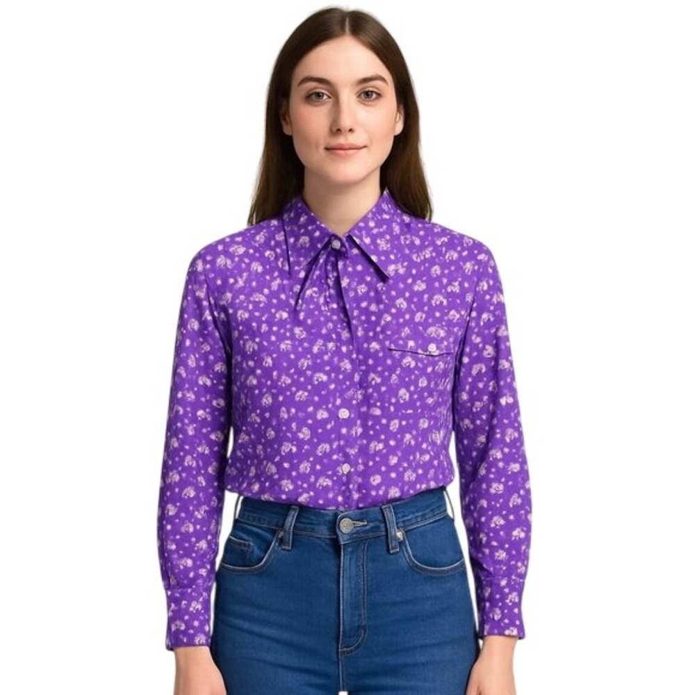DIANE RICH x VINTAGE 70's bright pointed collar blouse in purple floral dots